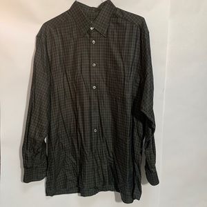 Zegna- hidden button down, woven black w/ white square pattern, front pocket